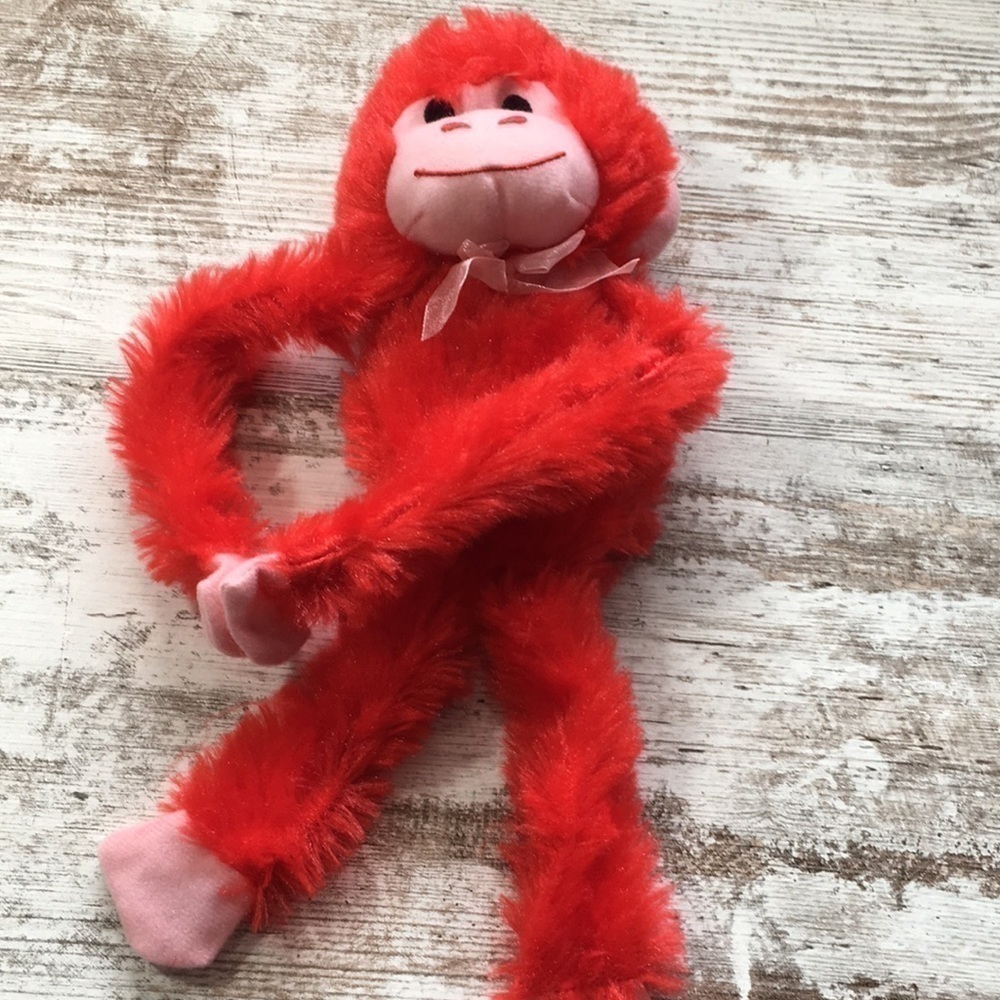 Red Hanging Monkey Plush Toy Long Arms Velcro Hands Valentine Gift 12”